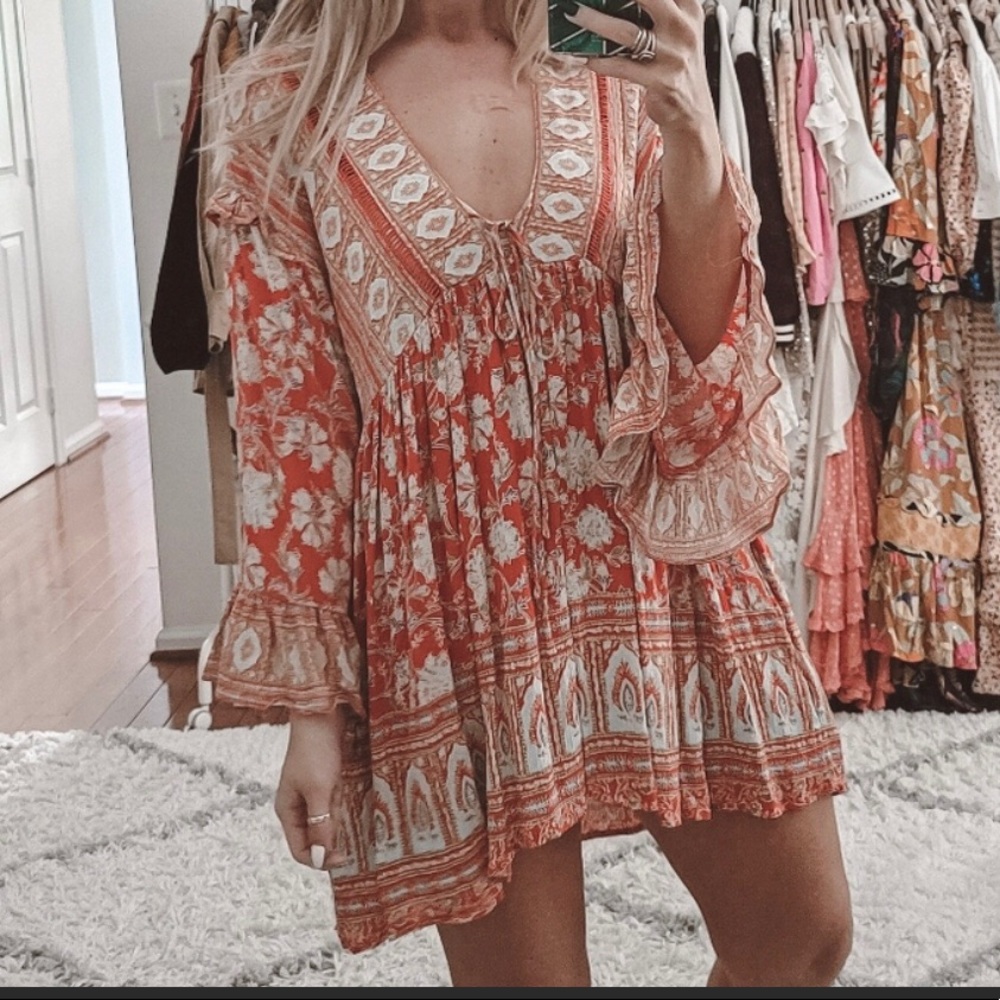 Free people orange floral boho oversized ruffle mini dress NWT